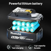 Close-up detail of black and blue Makita lithium battery