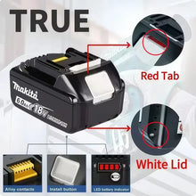 Makita battery features close-up with red tab and white lid