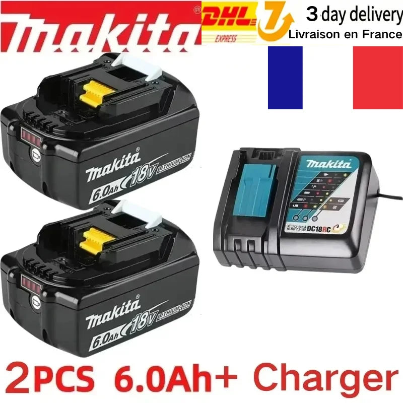 Makita 18V 6Ah battery packaging front view, black-blue with French flag