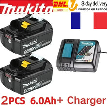 Makita 18V 6Ah battery packaging front view, black-blue with French flag