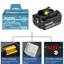 Makita 18V 6Ah lithium battery interior detail, black and blue