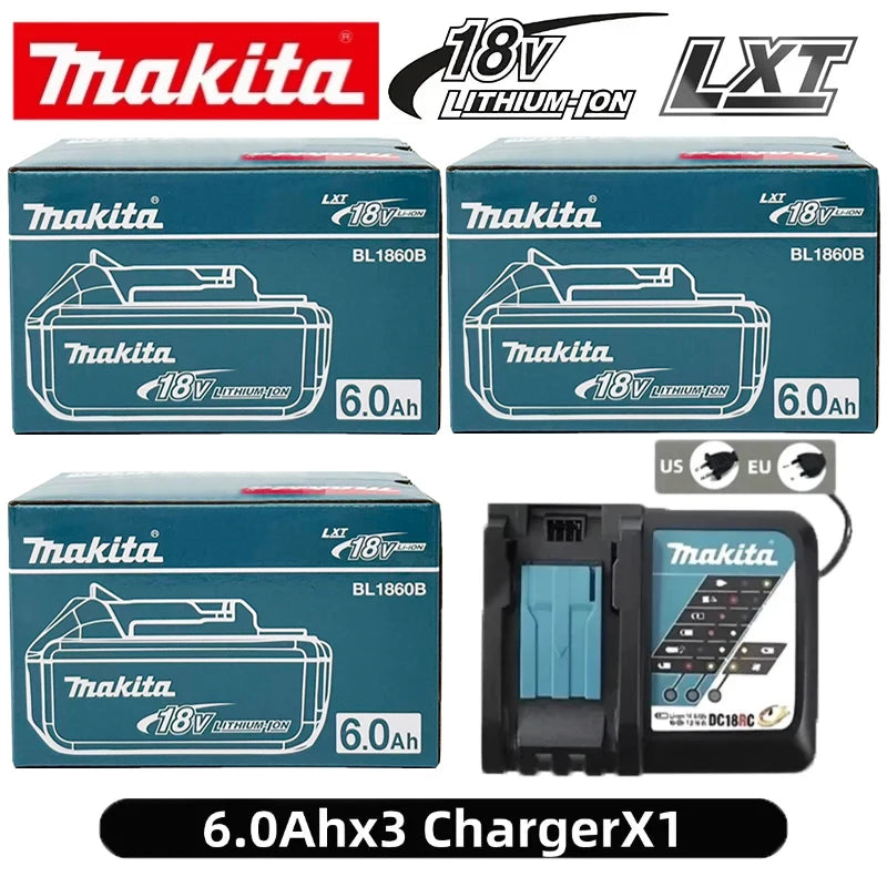 Makita BL1860 6Ah battery packs with charger, blue and black packaging