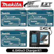 Makita BL1860 6Ah battery packs with charger, blue and black packaging