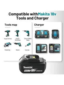 Makita charger lifestyle shot with battery, black and blue setup
