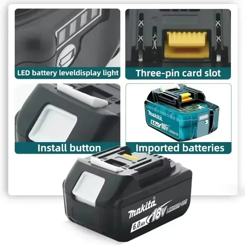 Makita BL1860 6Ah battery pack detail, LED indicator on black and yellow