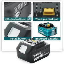 Makita BL1860 6Ah battery pack detail, LED indicator on black and yellow