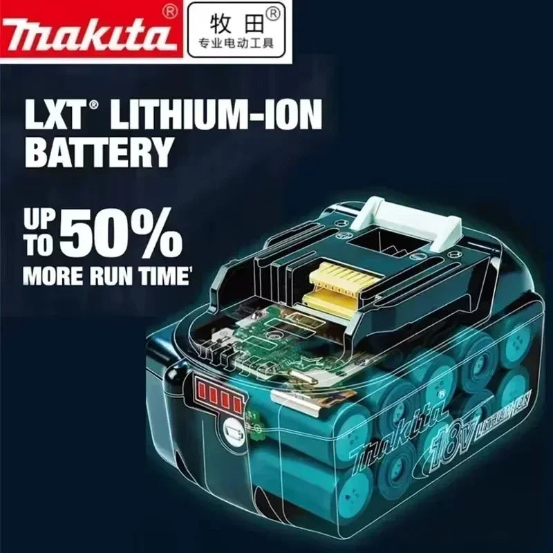 Makita BL1860 6Ah battery pack detail, lithium-ion terminals in black and green