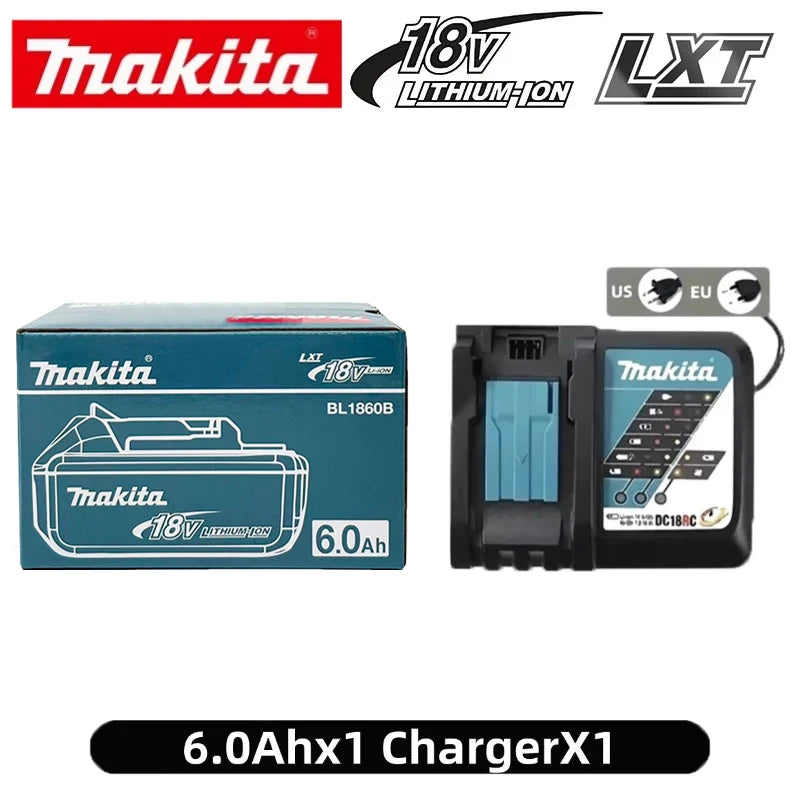Makita charger packaging with 6.0Ah battery, blue and black