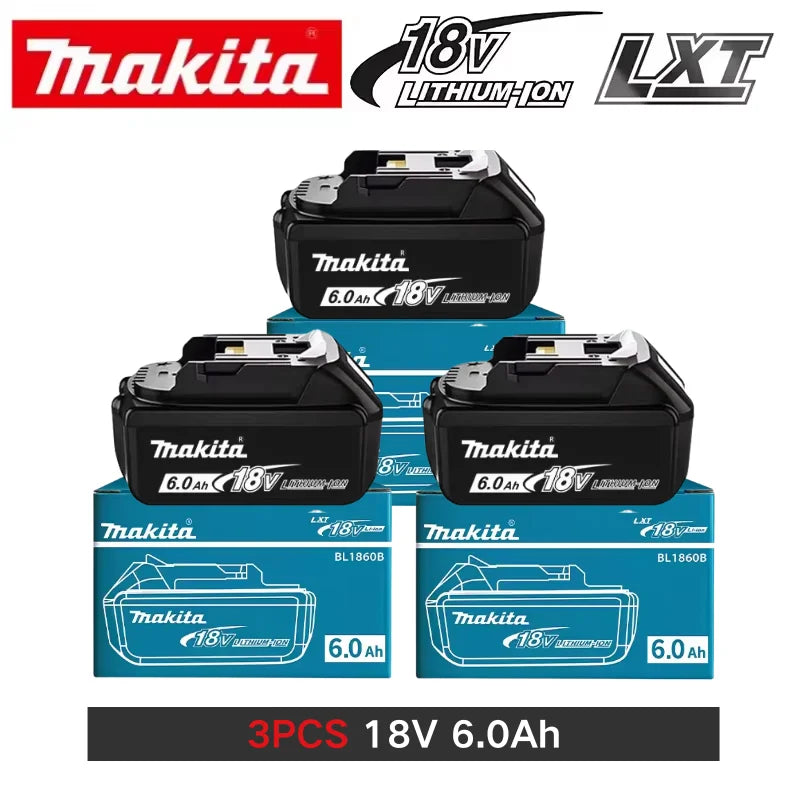 Makita 18V battery packaging with three batteries, black and blue