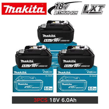 Makita 18V battery packaging with three batteries, black and blue