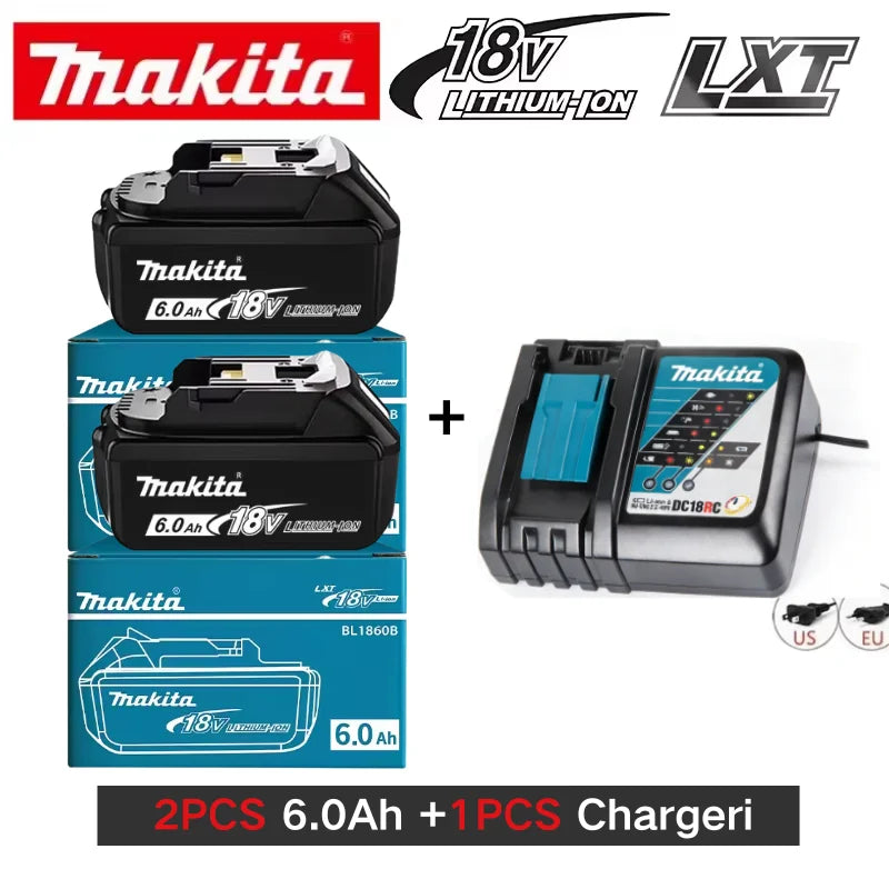 Makita 18V 6.0Ah battery set packaging, black and blue, two pieces