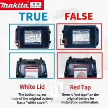 Makita 18V battery comparison detail, red tab and white lid on white background