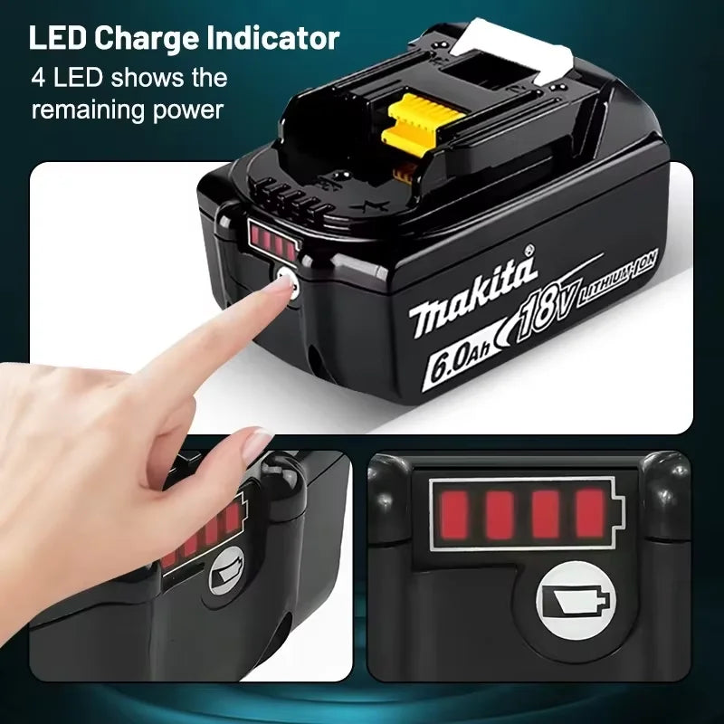Makita 18V battery pack with LED charge indicator, compact black design
