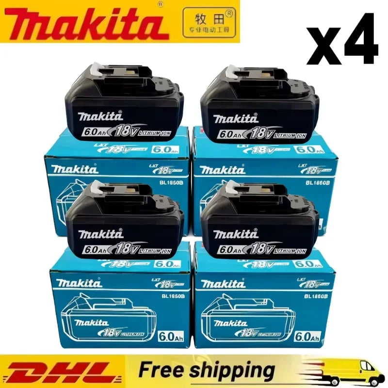 Makita 18V battery lifestyle shot, black and blue packs on natural background