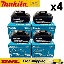 Makita 18V battery lifestyle shot, black and blue packs on natural background