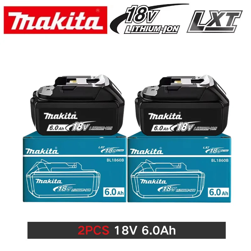 Makita 18V battery set packaging, black and blue, two batteries included