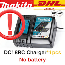 Makita DC18RC charger packaging, black blue white with warning symbol