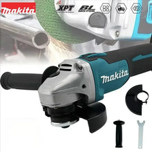 Makita DGA404 lifestyle close-up, handheld cutting sparks from blue grinder