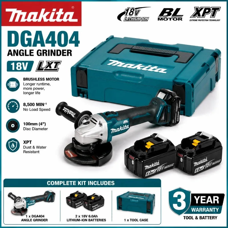 Makita DGA404 packaging, blue and black kit with two batteries
