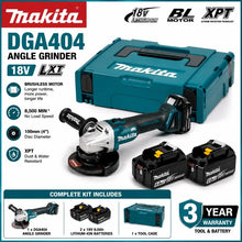 Makita DGA404 packaging, blue and black kit with two batteries