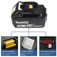 Makita BL1850 18V battery with LED indicator, compact design detail