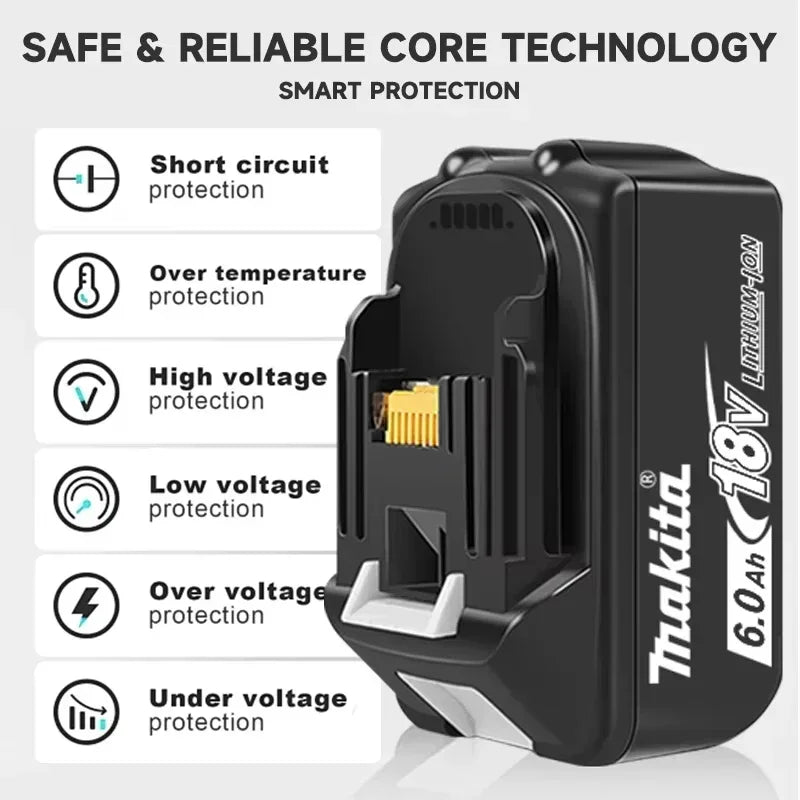 Makita BL1850 18V battery detail showing protection features, close-up