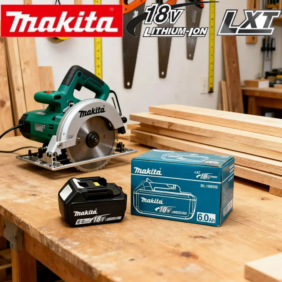 Makita BL1850 18V battery in woodworking setup, front lifestyle view