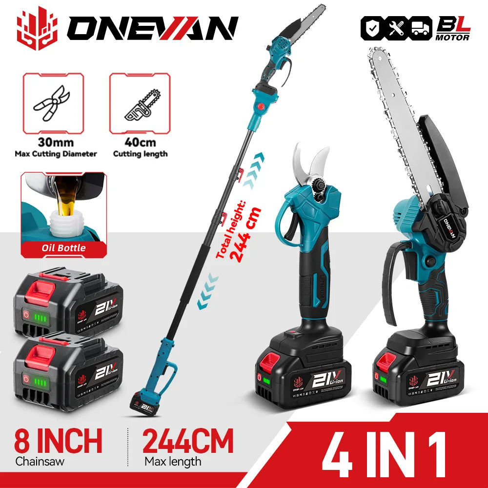 ONEVAN cordless pole saw packaging, blue and black with 8-inch chainsaw