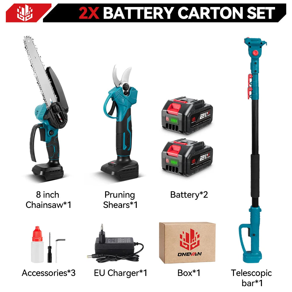 ONEVAN battery set packaging, black red blue with charger and tools