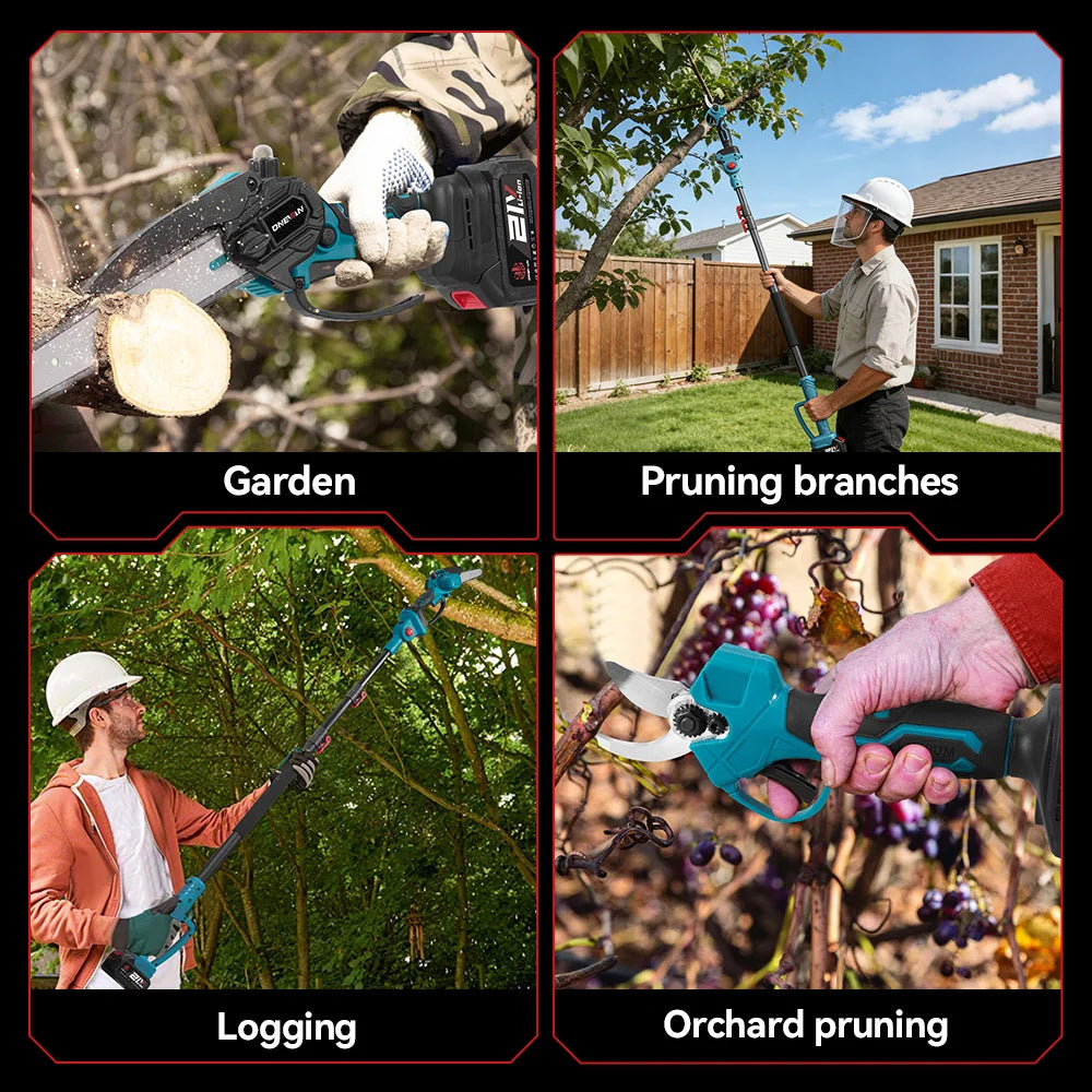 ONEVAN cordless pole saw in use outdoors, person holding saw
