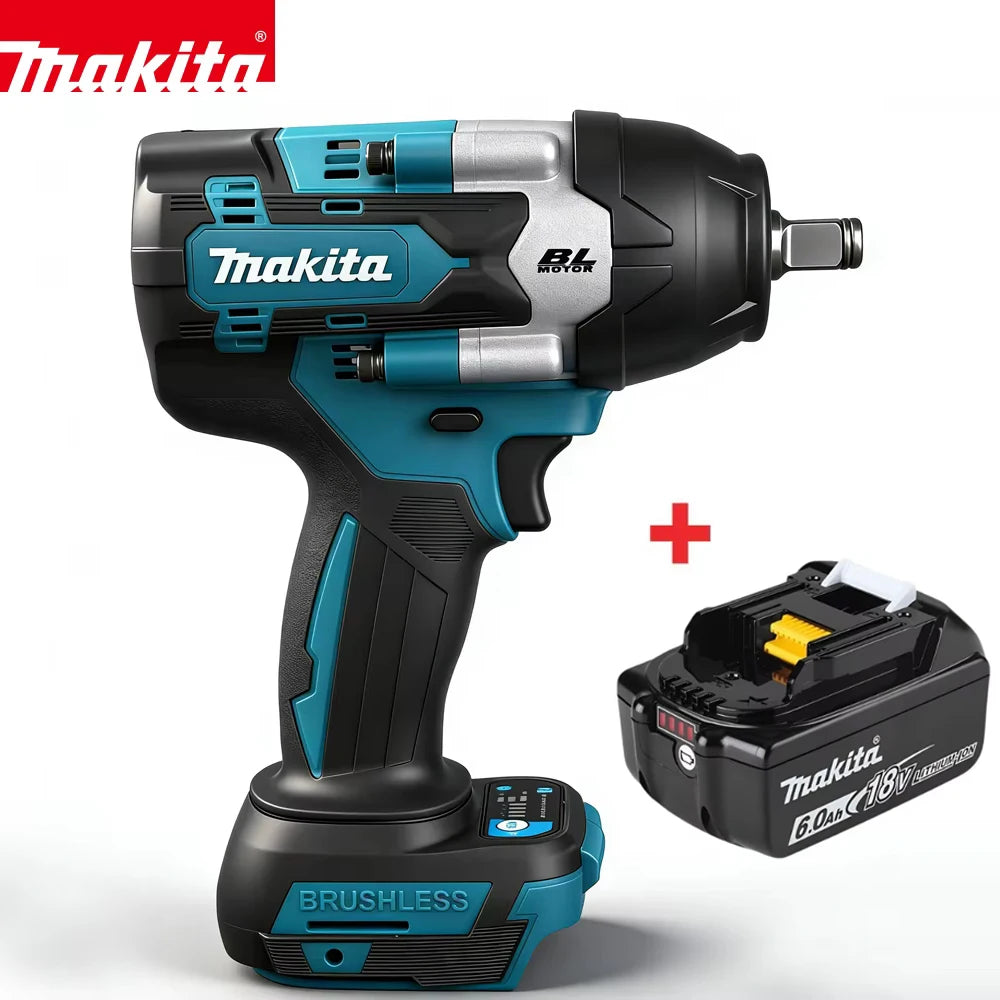 Makita DTW700 front view, black-blue cordless impact wrench on white
