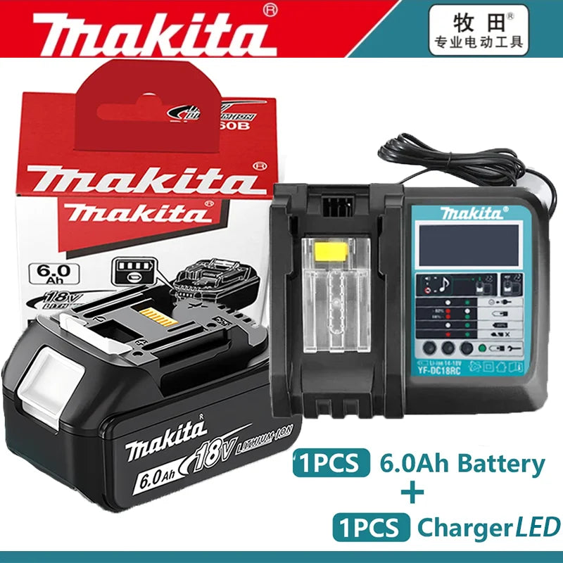 Makita 18V 6Ah battery packaging, black and blue with indicator