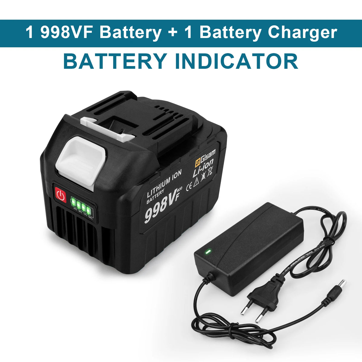 18V lithium battery and charger with LED indicators, close detail on white background