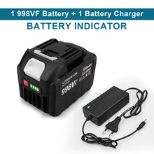 18V lithium battery and charger with LED indicators, close detail on white background