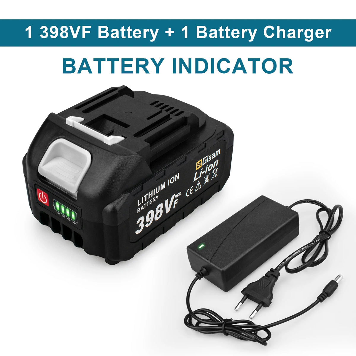 18V lithium battery and charger with LED indicators on white background
