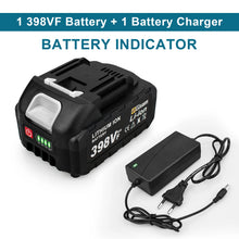 18V lithium battery and charger with LED indicators on white background