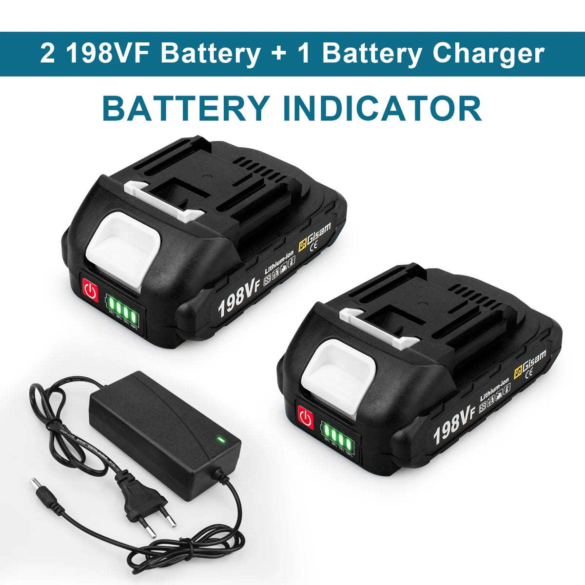 18V lithium battery and charger set with LED indicators on white background