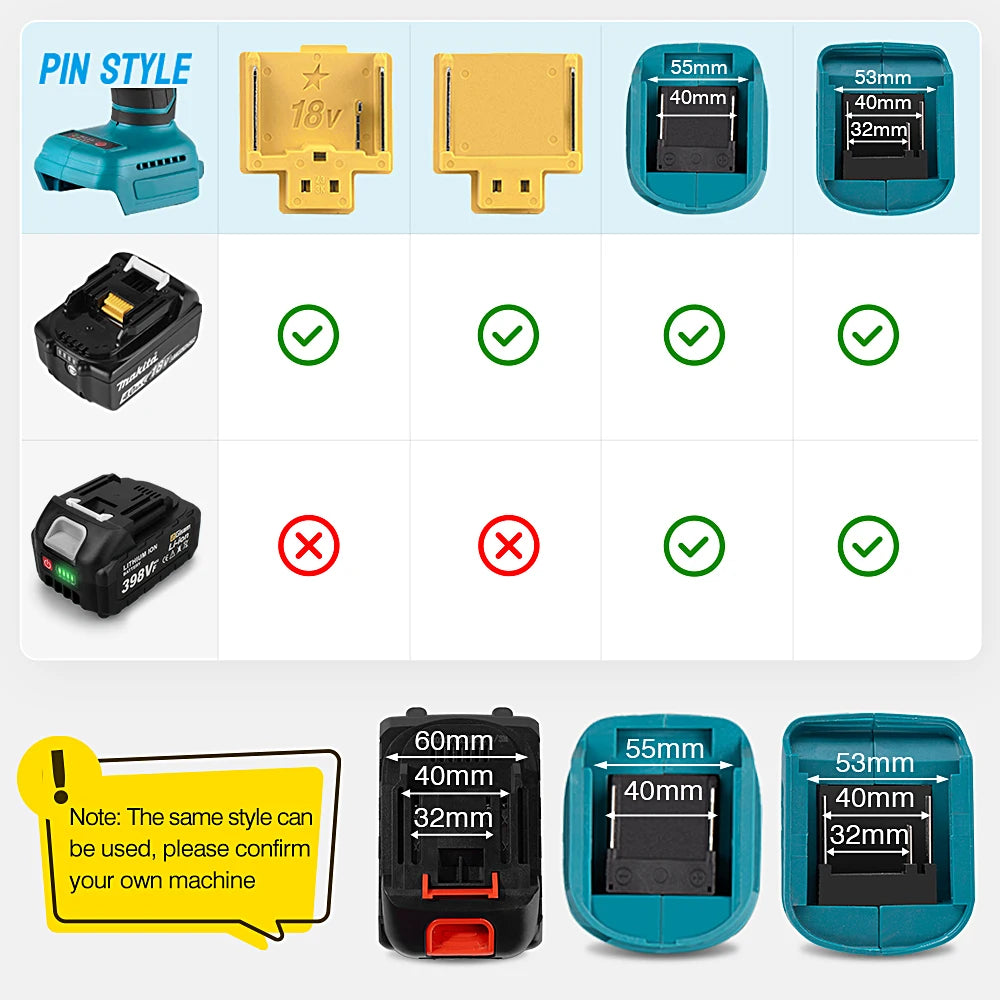 18V lithium battery compatibility chart with LED indicator examples on white background