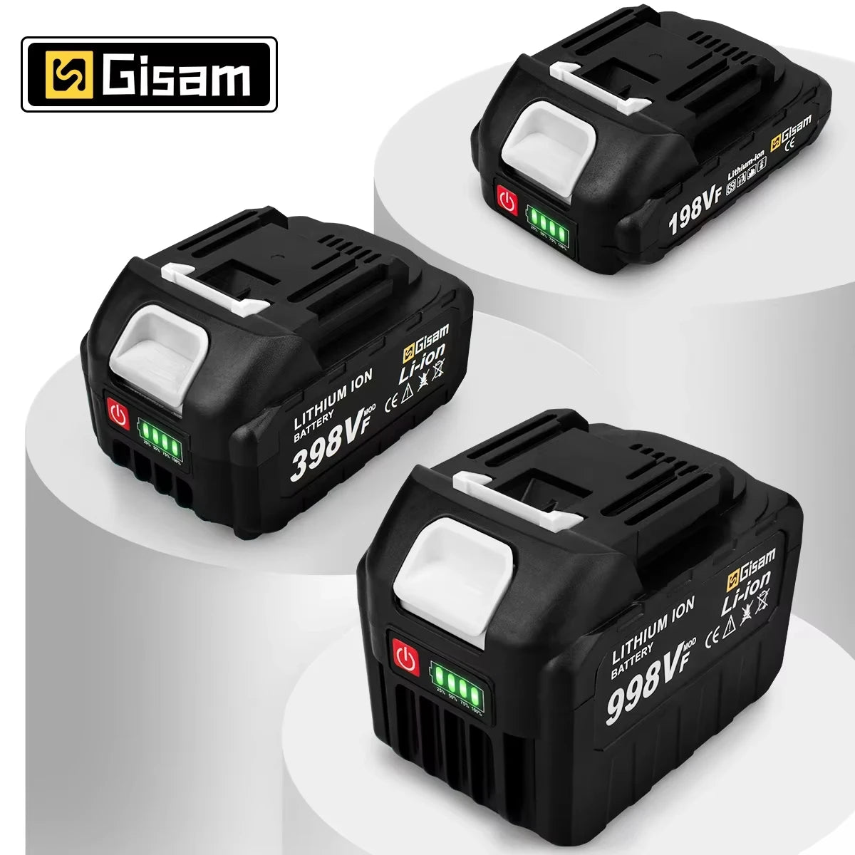 18V lithium battery pack with LED indicators, black housing on white background