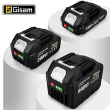 18V lithium battery pack with LED indicators, black housing on white background