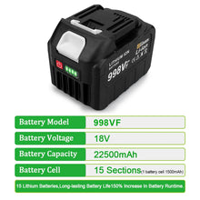 18V lithium battery pack model detail with LED indicators on white background