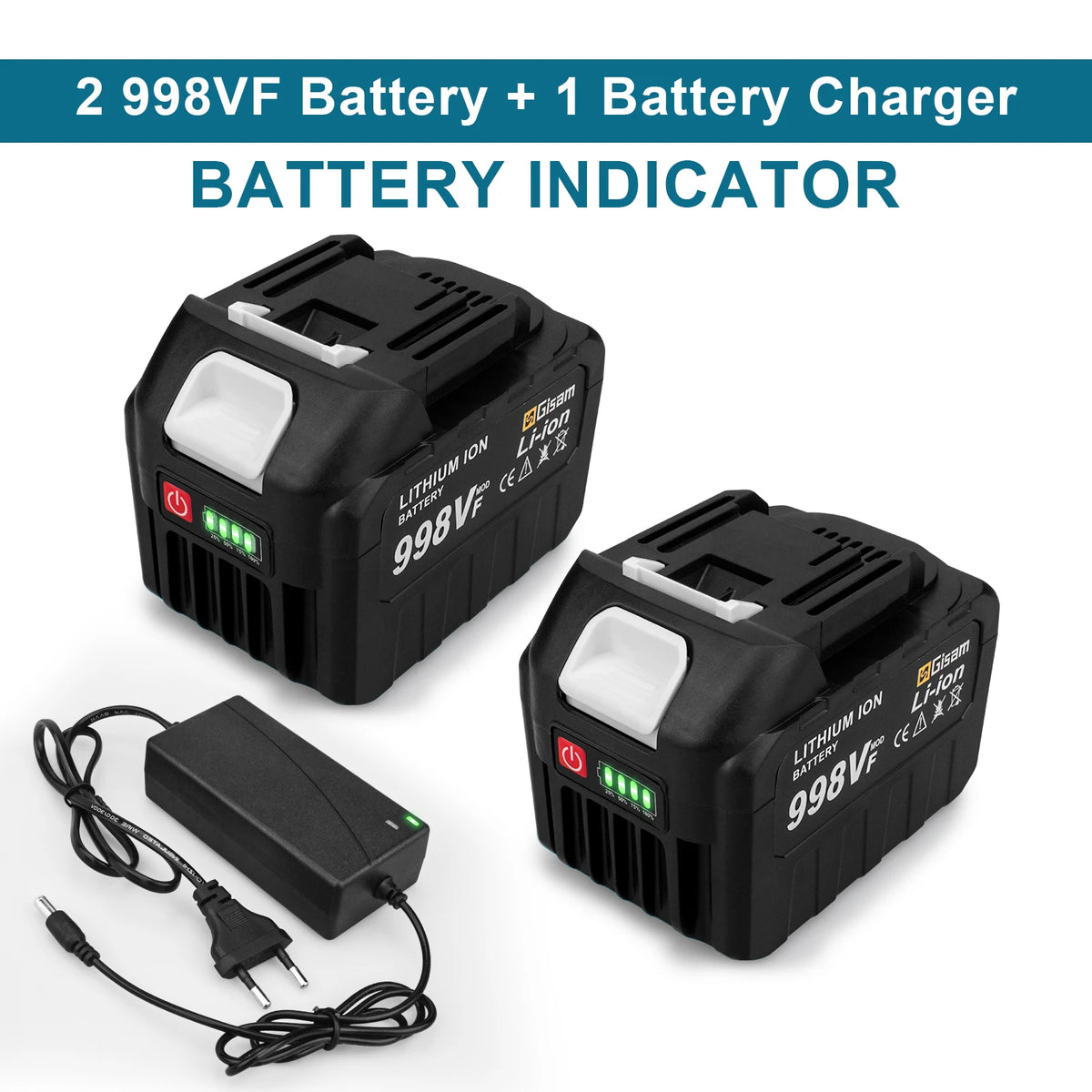 18V lithium battery two-pack and charger with LED indicators on white background