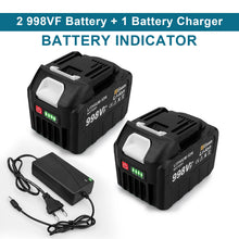 18V lithium battery two-pack and charger with LED indicators on white background