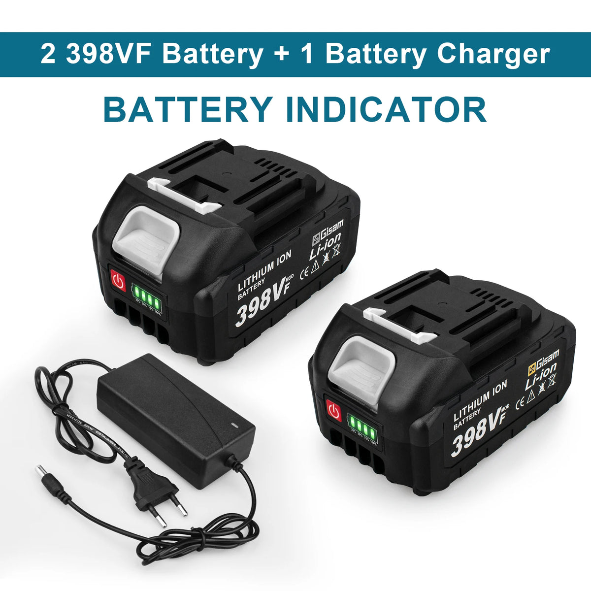 18V lithium battery two-pack and charger with LED indicators on white background
