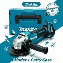 Makita DGA404 cordless angle grinder, blue-black packaging case view
