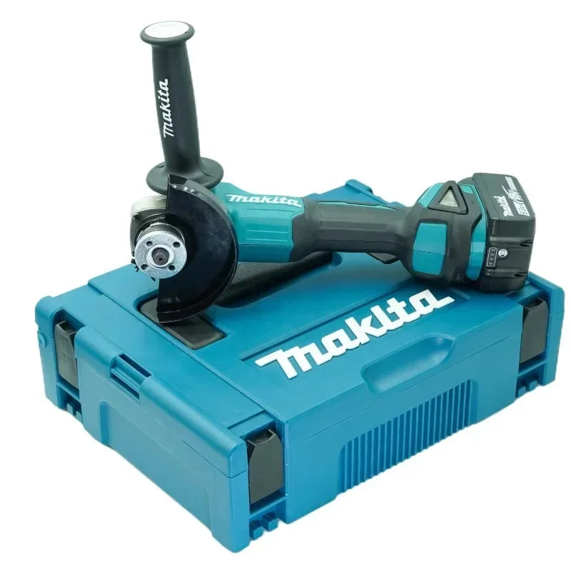 Makita 18V angle grinder front view, blue and black with safety guard