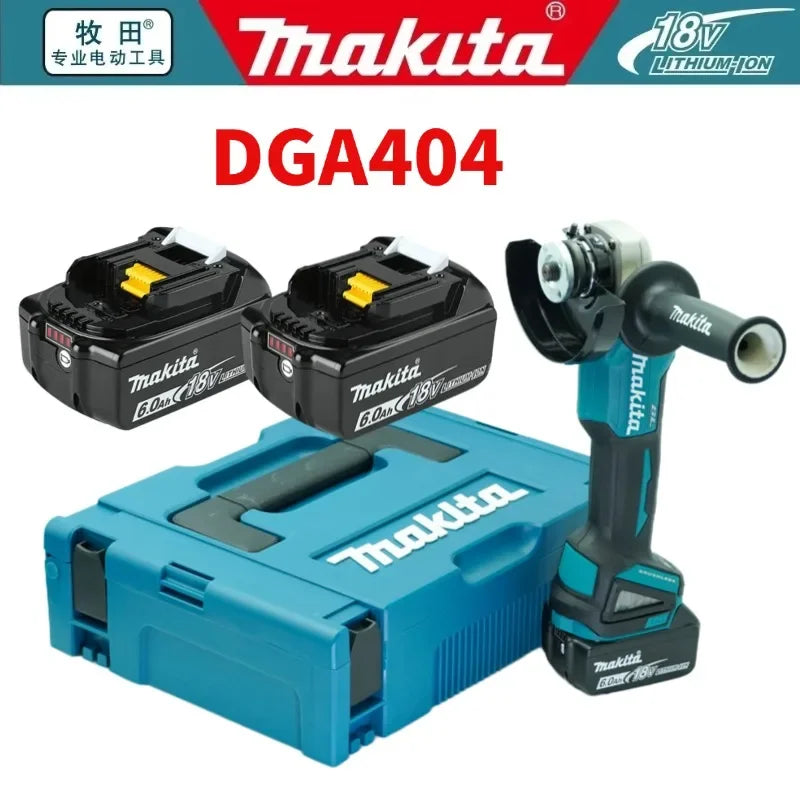 Makita 18V angle grinder lifestyle shot, blue and black with batteries