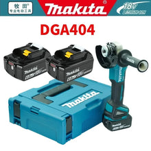 Makita 18V angle grinder lifestyle shot, blue and black with batteries