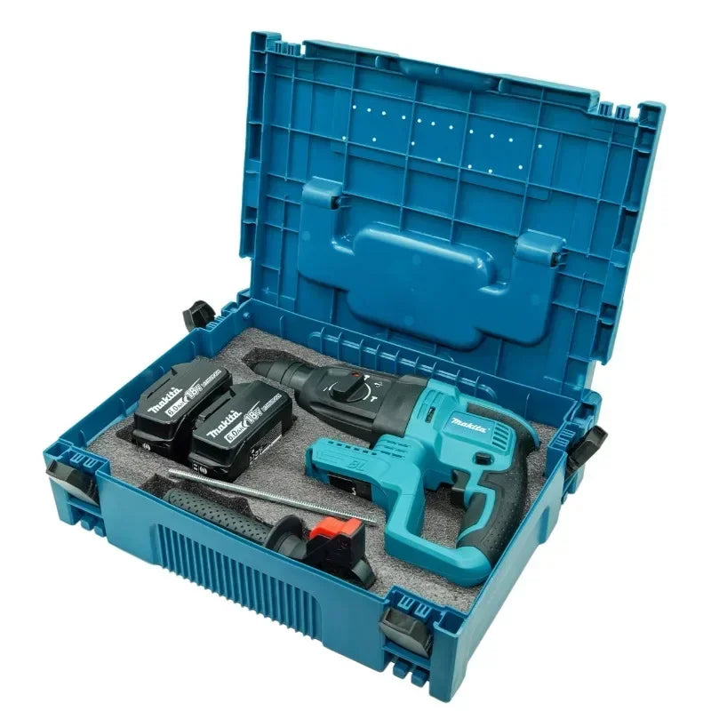 Makita DHR242 kit packaging, organized storage case with two 18V batteries