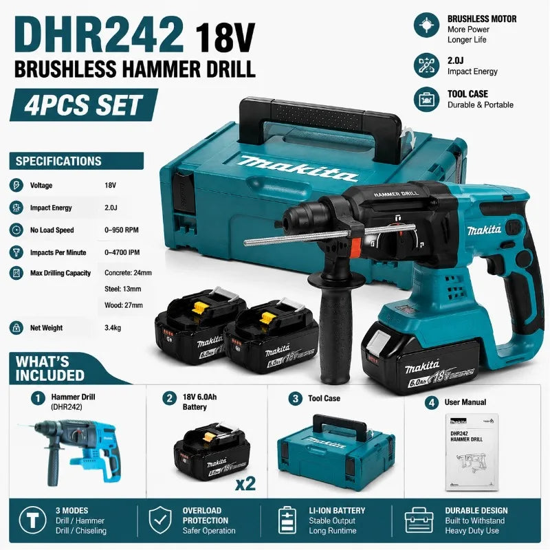 Makita DHR242 packaging, blue and black cordless brushless drill front view